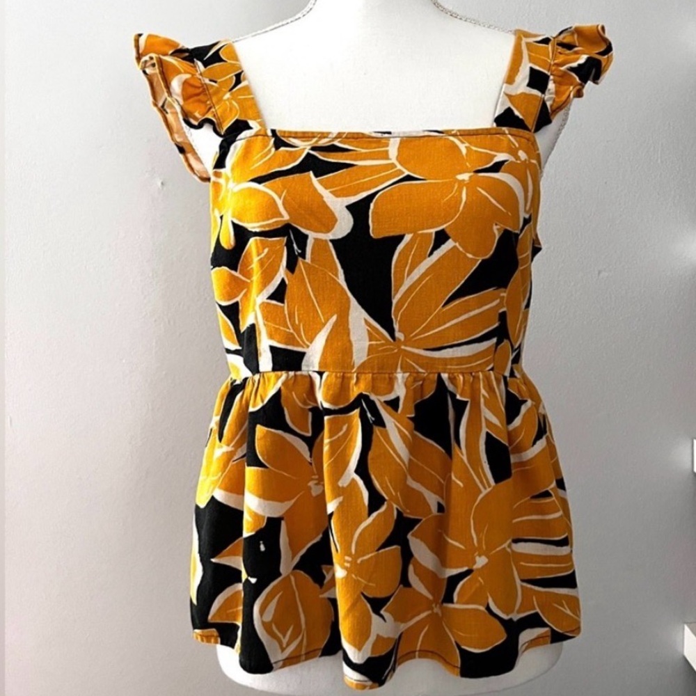 Who What Wear Mustard and Black Floral Blouse